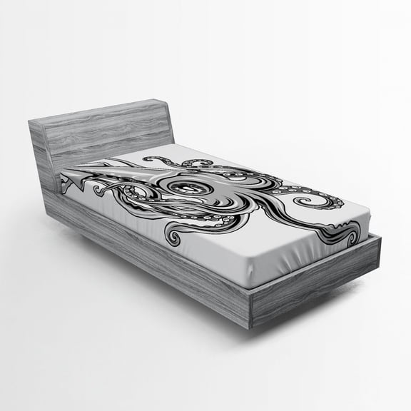 Kraken Fitted Sheet, Squid Fish with Fins Sea Animal Cuttlefish Underwater Alien Artisan Design Print, Soft Decorative Fabric Bedding, Twin XL Size, Grey, by Ambesonne