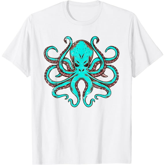 Kraken Octopus Modern Ocean Theme Softstyle Unisex T-Shirt ,White Color,Size YM