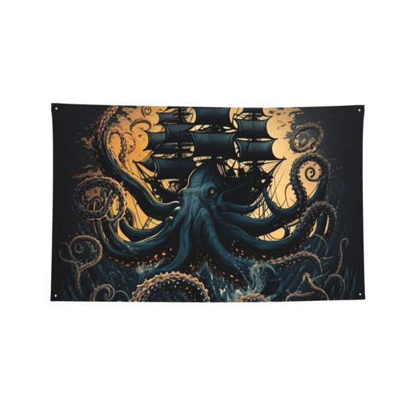 Kraken Octopus Tentacles Retro Boat Four Hole Decorated Banner Flag for Garden Yard Home Decoration Indoor Outdoor 3x5 Ft