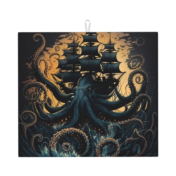 Kraken Octopus Tentacles Retro Boat Kitchen Drying Mat 18x16 Inch Ultra Absorbent Countertop Mat Foldable with Hanging Loop
