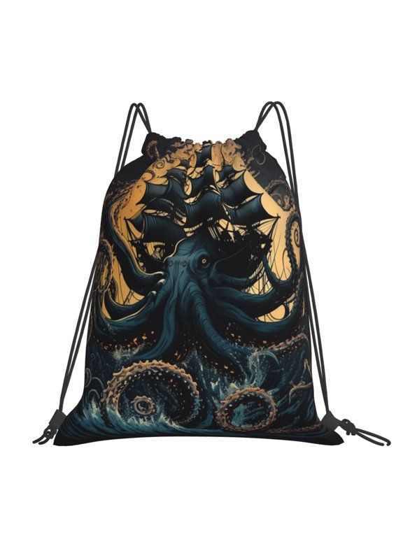 Kraken Octopus Tentacles Retro Boat Large Drawstring Backpack Casual Cinch Sack Bag Backpack for Sports Hiking Travel Gym