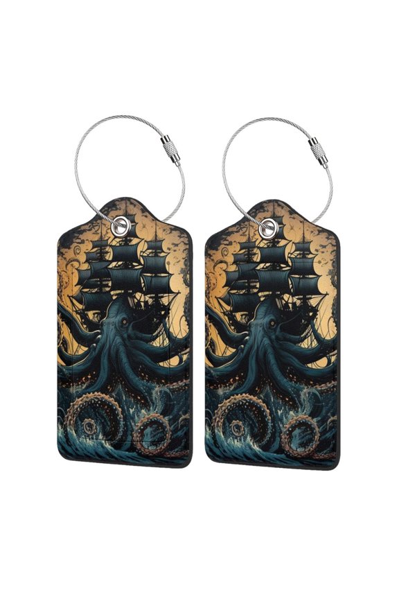 Kraken Octopus Tentacles Retro Boat Luggage Tag for Suitcase 2 Pack Leather Travel Bag Baggage Identifiers Privacy Cover ID Label