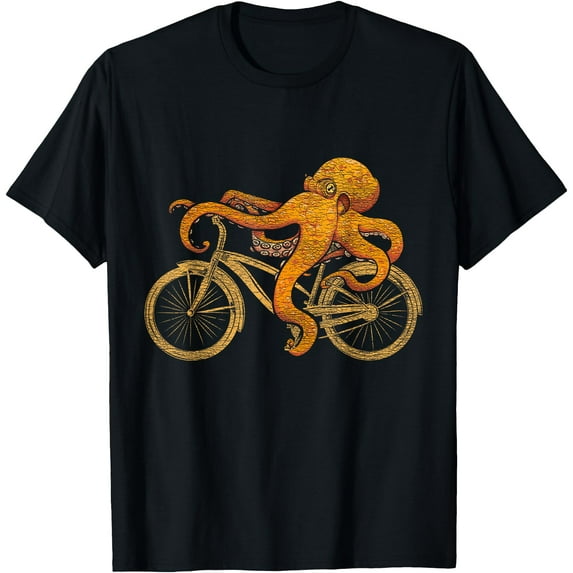 Kraken Riding Bicycle Octopus Softstyle Unisex T-Shirt,Black Color,Size 3XL