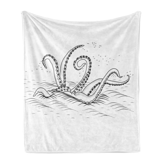 Kraken Soft Flannel Fleece Throw Blanket, Mythicary Creature Tentacles on the Sea Wave Fantasy Sketchy Illustration, Cozy Plush for Indoor and Outdoor Use, 50" x 70", Black White, by Ambesonne