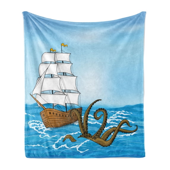 Kraken Soft Flannel Fleece Throw Blanket, Old Sailing Ship in Waves and Kraken Adventure Journey Travel Graphic Image Print, Cozy Plush for Indoor and Outdoor Use, 50" x 70", Blue Brown, by Ambesonne