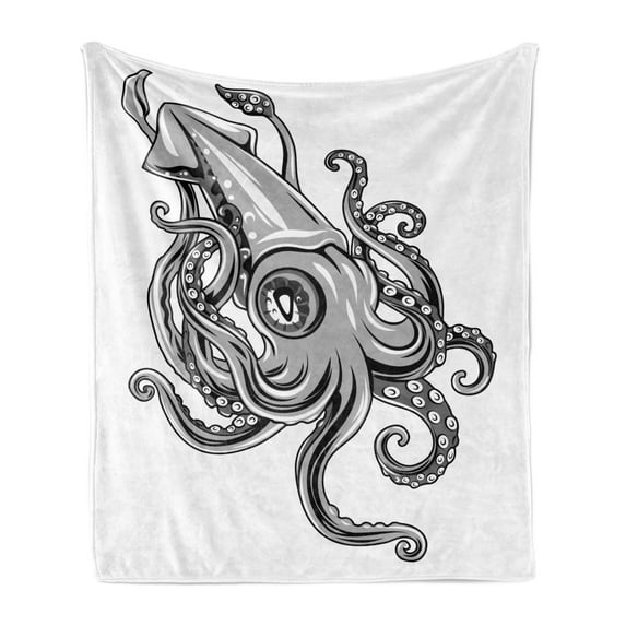 Kraken Soft Flannel Fleece Throw Blanket, Squid Fish Fins Sea Animal Cuttlefish Underwater Alien Artisan Design Print, Cozy Plush for Indoor and Outdoor Use, 50" x 60", Grey, by Ambesonne