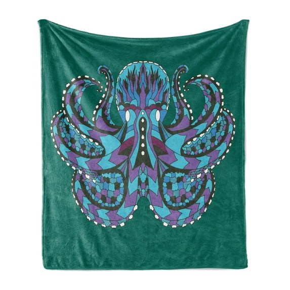 Kraken Soft Flannel Fleece Throw Blanket, Zentangle Animal Totem Vintage Hippie Image Art, Cozy Plush for Indoor and Outdoor Use, 50" x 60", Petrol Blue Mauve, by Ambesonne