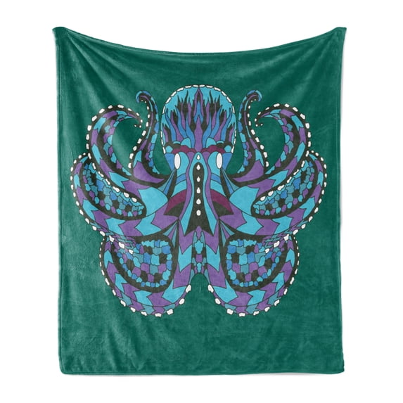 Kraken Soft Flannel Fleece Throw Blanket, Zentangle Animal Totem Vintage Hippie Image Art, Cozy Plush for Indoor and Outdoor Use, 50" x 70", Petrol Blue Mauve, by Ambesonne