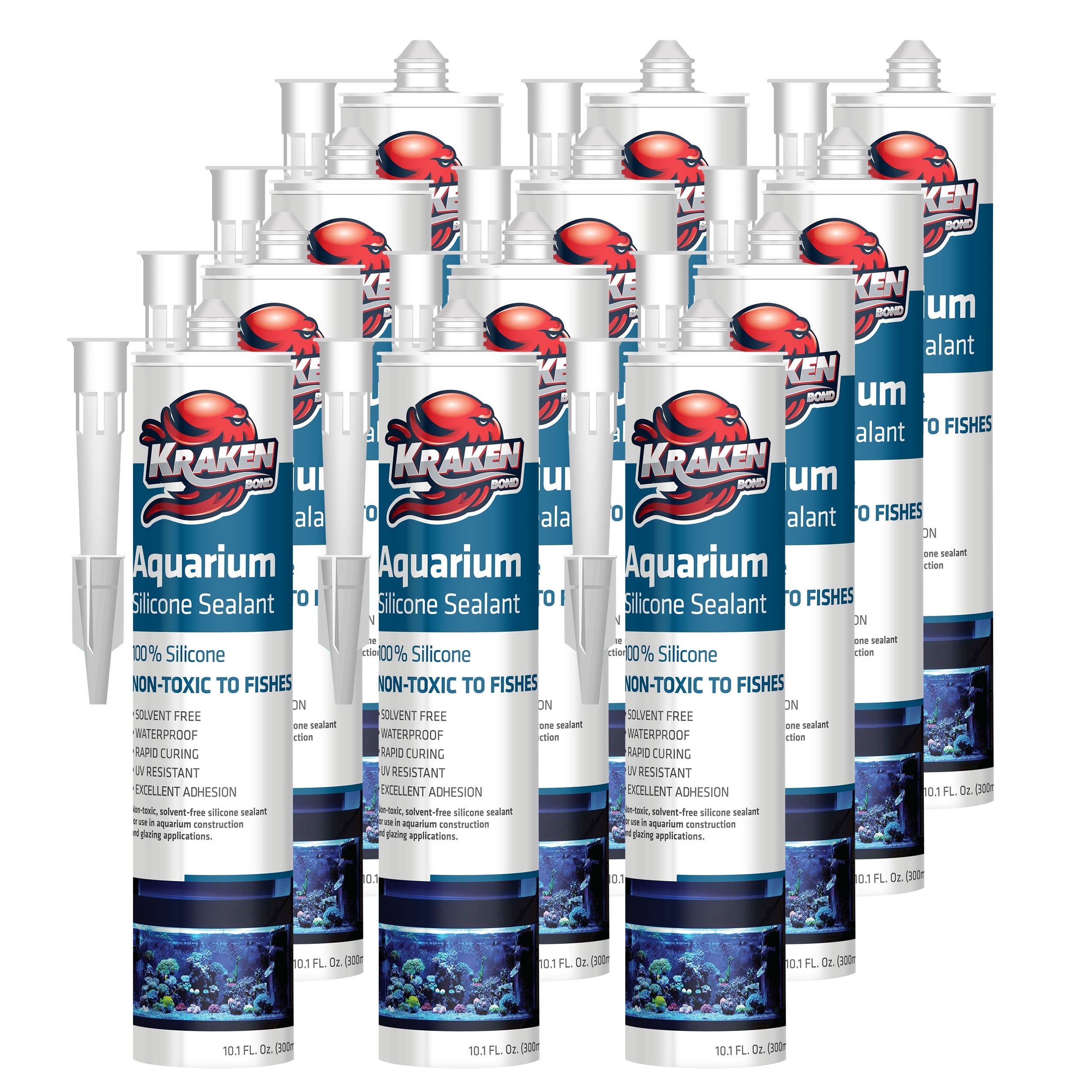 Krakenbond Aquarium Silicone Sealant, Safe for Fish, 10.1 oz, Clear, 12 Pack