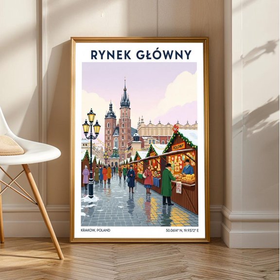 Krakow Winter Market Art Print: Red & Green Gouache Polish Cityscape, Stretched Canvas Size 12x18