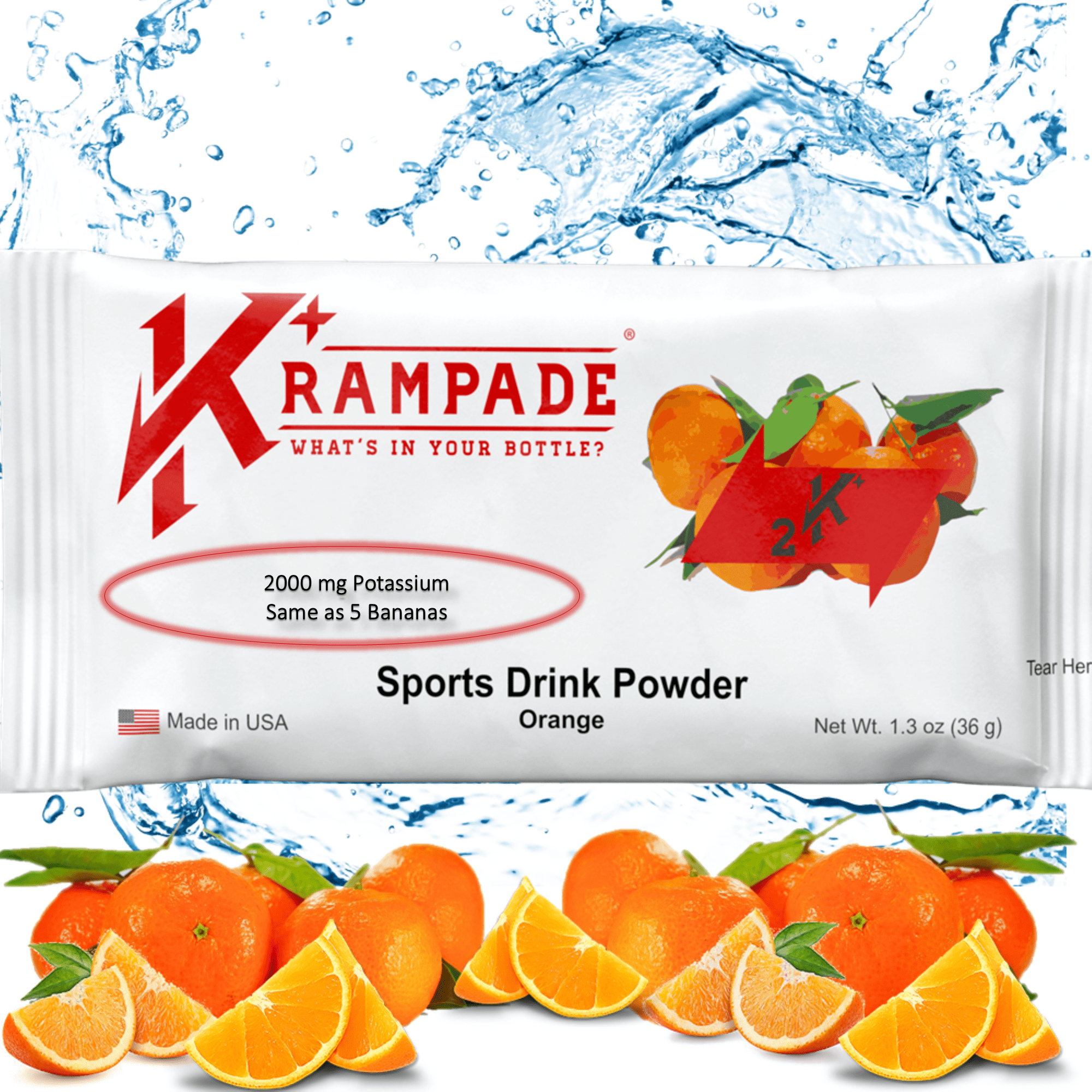 Krampade High Potassium Electrolytes Powder Orange Flavor Cramp Relief 20 Count 1.3 Oz