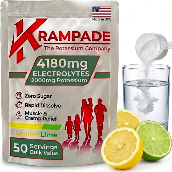 Krampade High Potassium Electrolytes Powder Zero Sugar Lemon Lime, Cramp Relief, Keto, 50 Servings