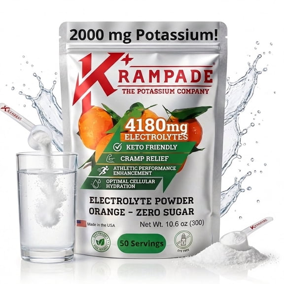 Krampade High Potassium Daily Electrolytes Powder Zero Sugar Orange Flavor, 50 Servings, Healthy Salt