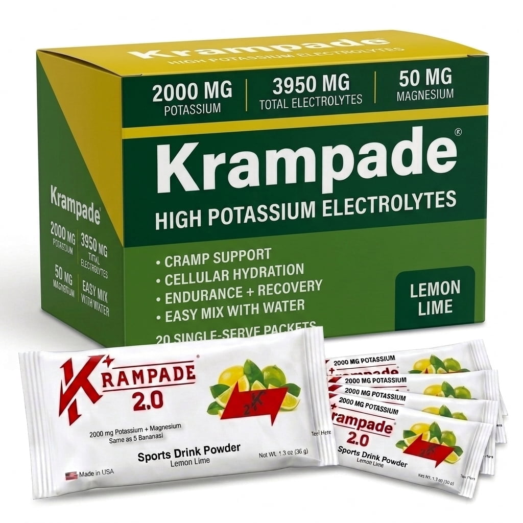 Krampade Electrolyte Supplements Powder, Lemon Lime Flavor, High Potassium, Cramp Relief, Aspartame-Free, Gluten Free, 20 Single Serving Packets