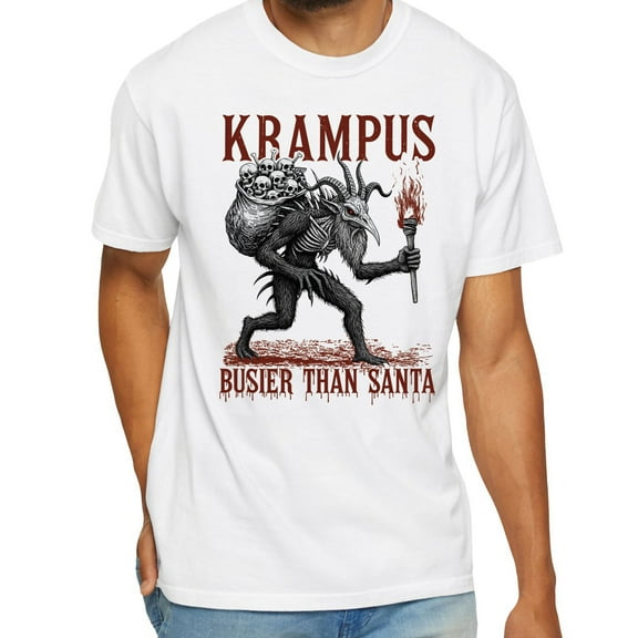 Krampus Busier Than Santa Christmas T-Shirt – Gothic Creepy Holiday Krampus Graphic Tee