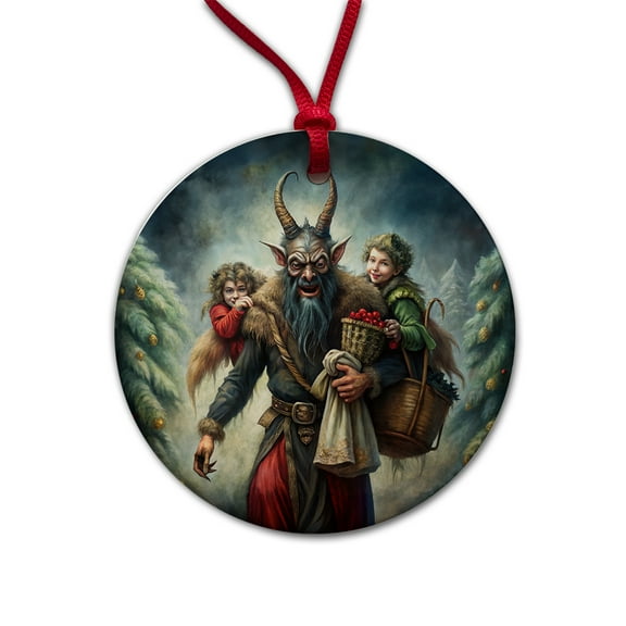 Krampus Carrying Stolen Children at Christmas Christmas Tree Holiday Round Ceramic Ornament