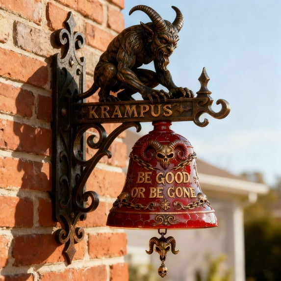 Krampus Doorbell Vintage Resin Wall Mounted - Halloween and Christmas Holiday Decor for Front Door Porch, Gothic Farmhouse Outdoor Decoration with "Be Good Or Be Gone" Sign (1 Count)