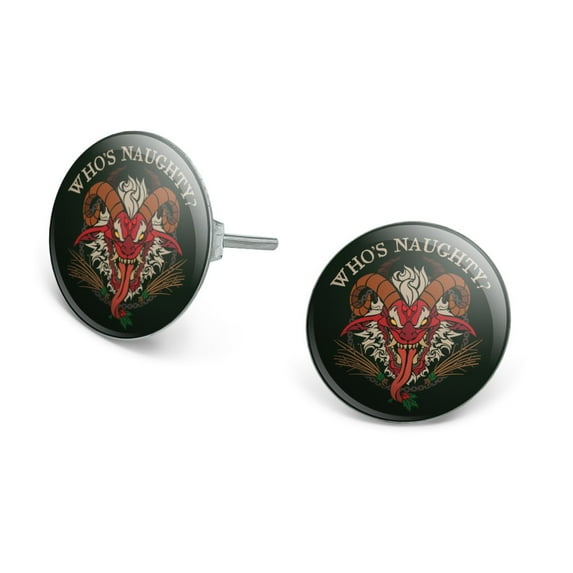 Krampus Who's Naughty Christmas Holiday Novelty Silver Plated Stud Earrings