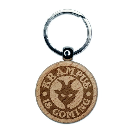 Krampus is Coming Christmas Round Keychain Charm Tag - Engraved Wood