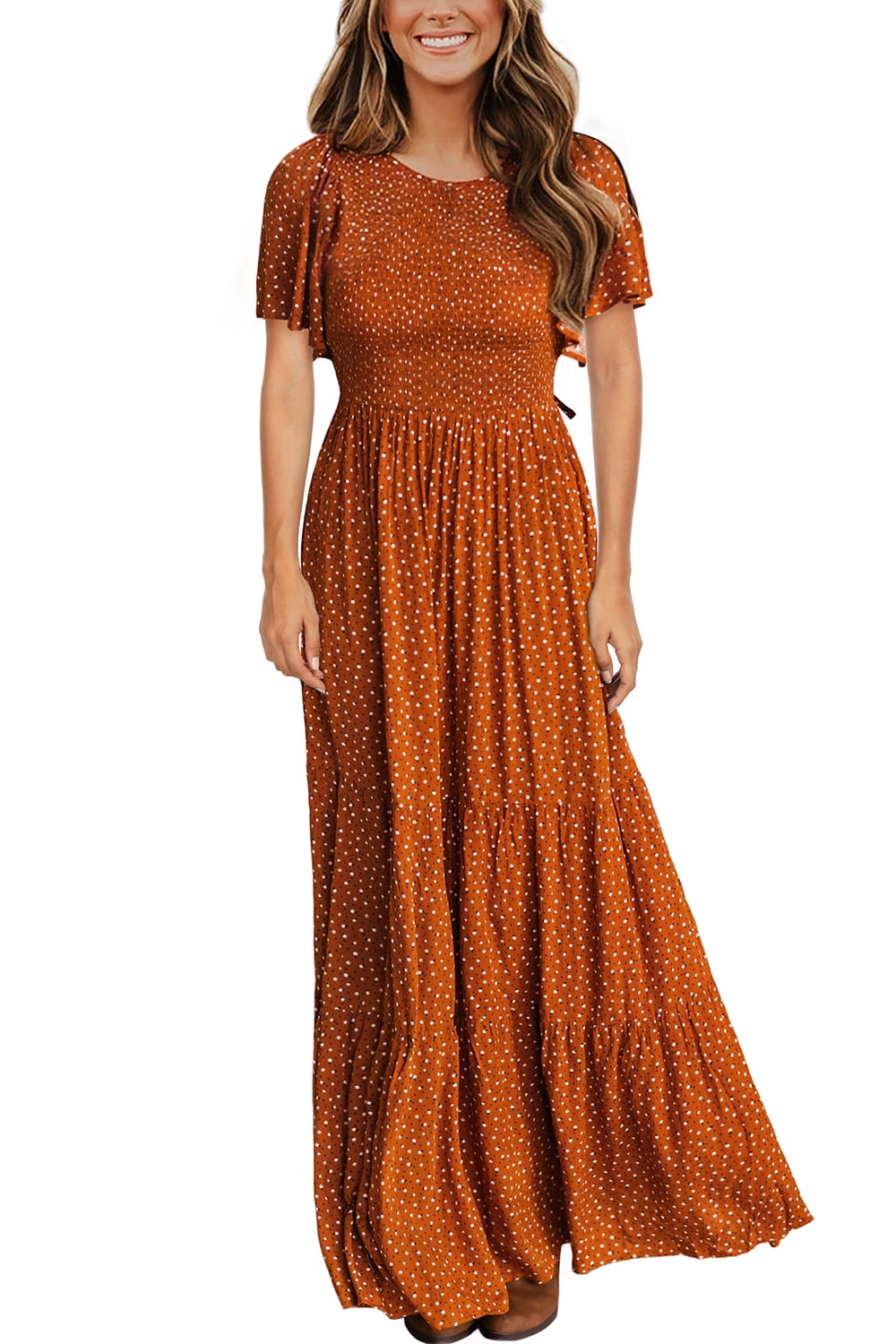 Kranda Women Round Neck Flutter Sleeve Smocked Pleats Ruffle Maxi Long  Floral Dress for Daily,Party,Date,Work,Maternity, Camel XL - Walmart.com