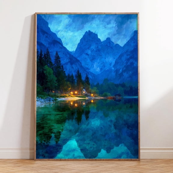 Kranjska Gora Slovenia Alpine Lake Night Travel Wall Art, Unframed Paper Print Size 8x12