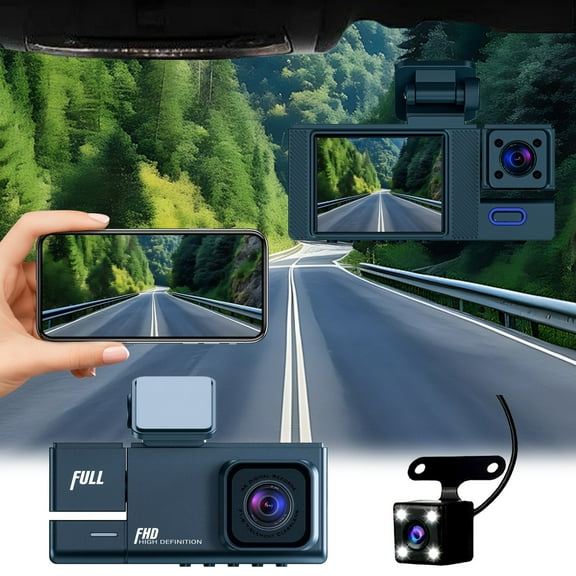 Kraoden 1080P HD Car Dash Cam with 3 Lens, Front & Rear Vehicle Recorder, Wide Angle View, Automatic Cyclic Recording, Easy Installation, Memory Card Support up to 32G