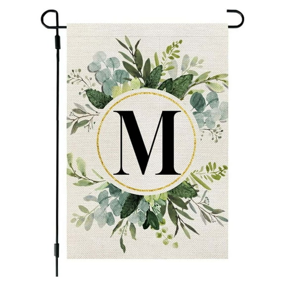 Kraoden 26 Letters Green Plant Printing, Flax Garden Flag, First Letter Of Surname, Hanging Flag At The Gate Of Courtyard