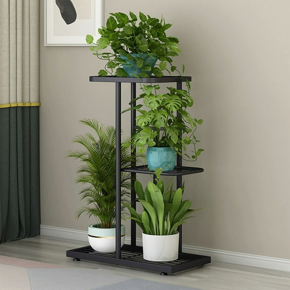 Kraoden Plant Stand Indoor Outdoor Metal 3 Tier 4 Potted Multiple Flower Pot Holder Shelf Planter Display Shelving Unit for Home Patio Garden Corner Balcony Living Room Office, Black
