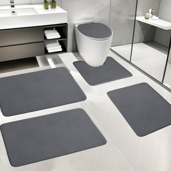 Kraoden 5 Piece Foam Bath Mat Set, Soft, Comfortable, Water Absorbent, Non-Slip, Machine Washable Bathroom Rugs, Includes Toilet Mats, Easy Dry, Modern Design