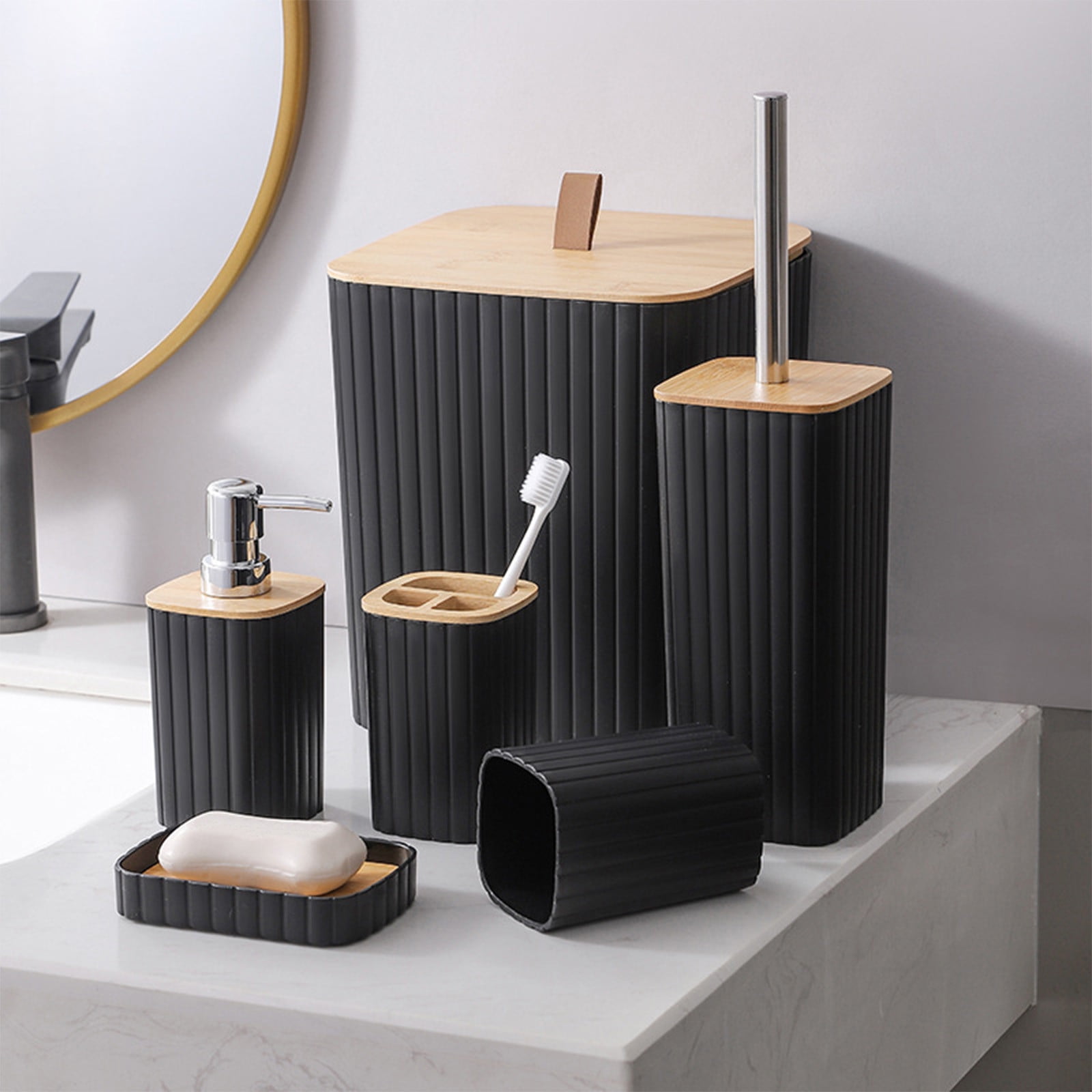 Kraoden 6 Pcs Bathroom Accessory Set, Plastic Bathroom Accessories with Toilet Brush, Soap Dispenser, Trash Can & Toothbrush Holder, Elegant Bathroom Decor
