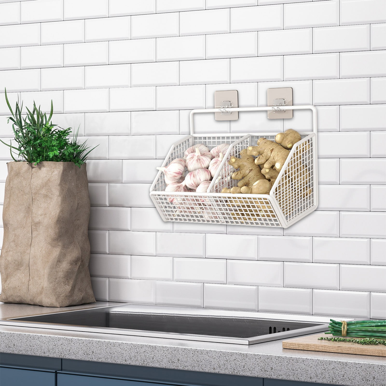 Light Brown Wicker Hanging Wall Basket - Kitchen Storage For Garlic, Onions, Eggs (11x6x5 In) - View #2