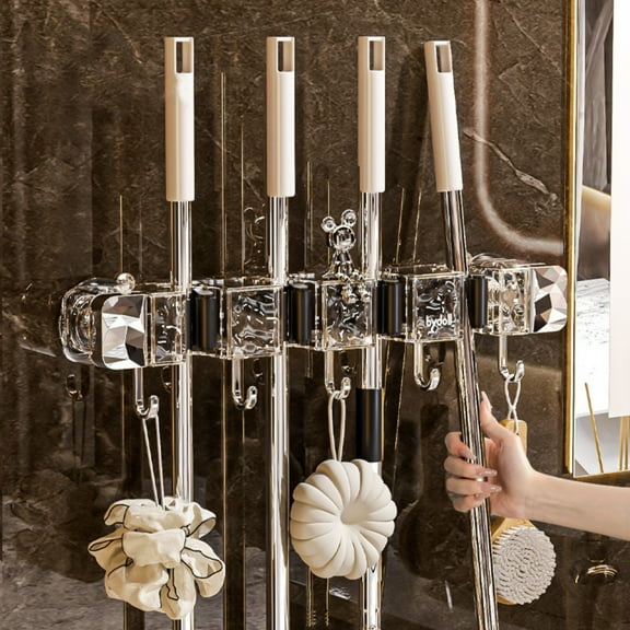 Kraoden Heavy Duty Wall Mounted Besom Rack, Versatile Broom and Mop Organizer with 4 Clamp Slots and 5 Hooks for Kitchen, Laundry, Garage, Garden Storage