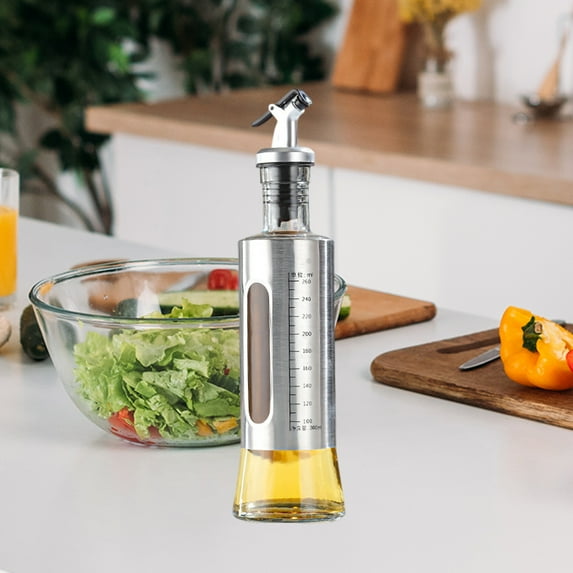 Kraoden Stainless Steel Oil Bottle with Scale, Automatic Nozzle Kitchen Seasoning Dispenser for Olive Oil, Vinegar, and Soya Oil, User-Friendly Design