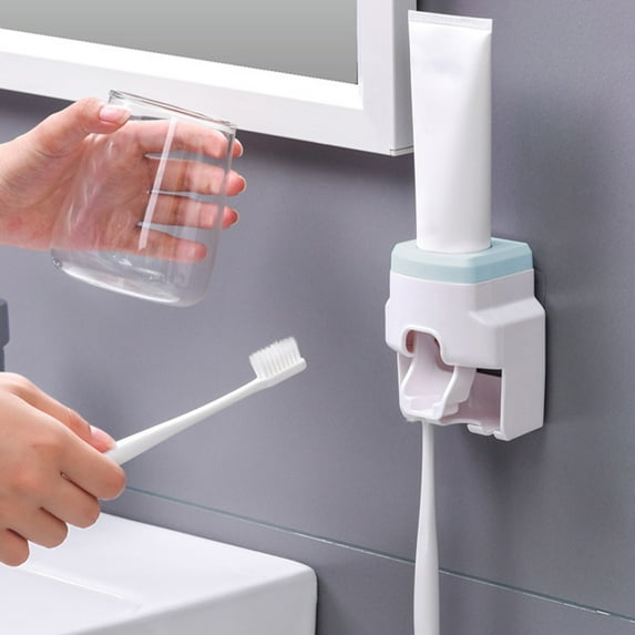 Kraoden Wall Mounted Toothpaste Dispenser Automatic Toothpaste Squeezer with Toothbrush Holder No Drilling Easy Install Bathroom Storage Organizer Space Saving
