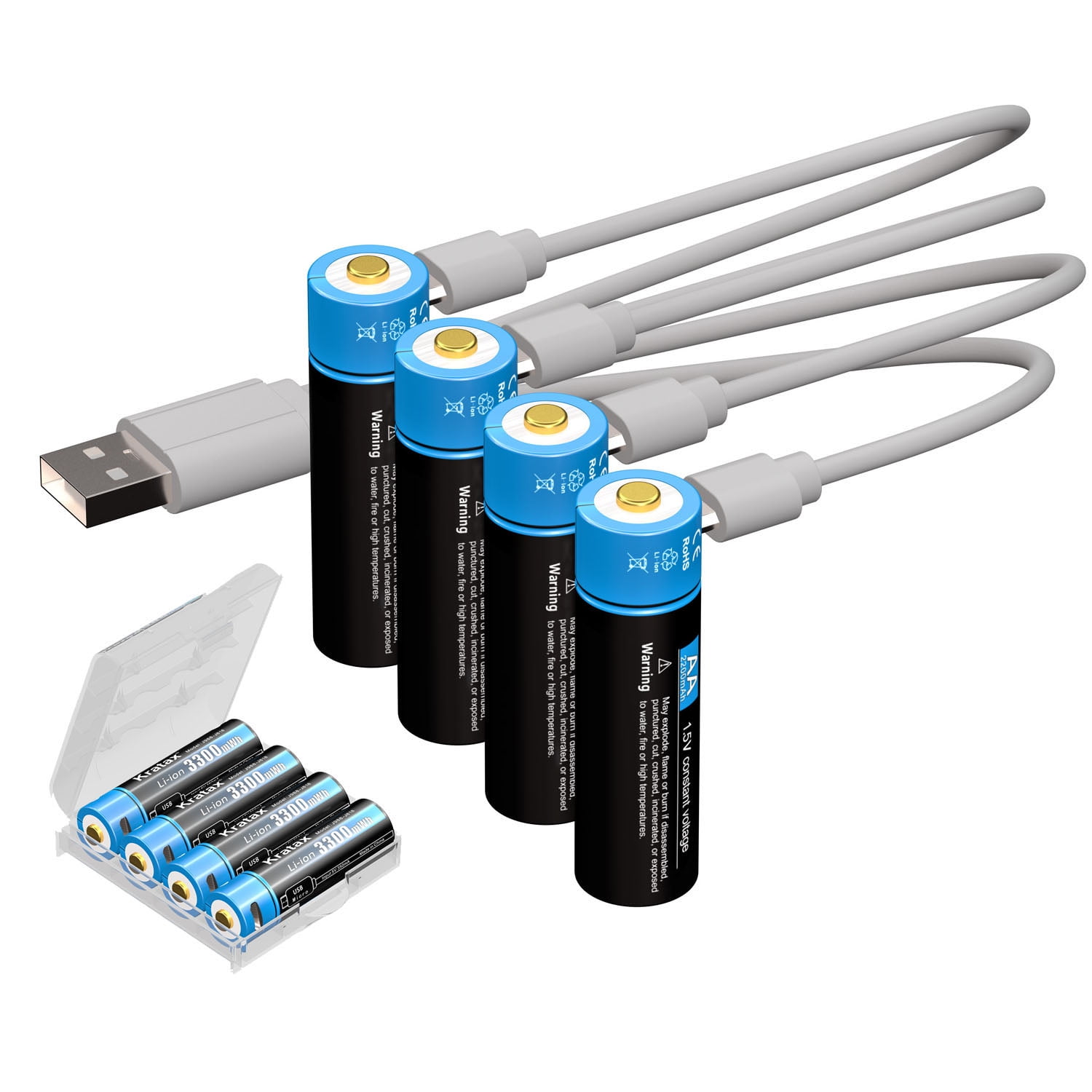 Kratax USB Rechargeable AA Batteries, 4Pcs 1.5v 3300mWh Lithium Batteries AA, 2H Fast Full Charged, 1500 Cycles, 4-in-1 USB to Micro USB Charging Cable