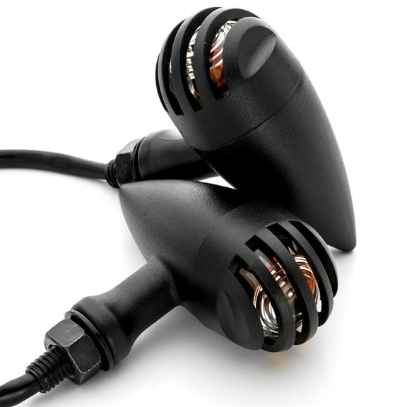 Krator 2pcs Black Heavy Duty Motorcycle Turn Signals Finned Grill Scalloped Blinkers Compatible with Kawasaki VN Vulcan Classic Drifter 800