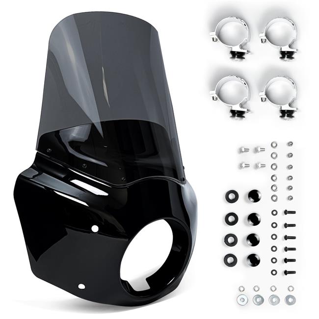 Krator Motorcycle Windshield & Fairing Complete Kit, Road Warrior Windshield, Compatible with Harley Davidson Dyna and Softail, Motorcycle Accessories, Glossy Black and Smoke Windscreen, 15" Height