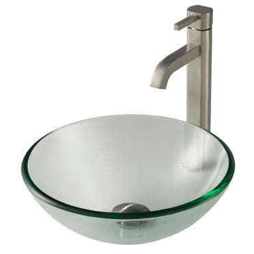 Kraus 14-inch Clear Glass Bathroom Vessel Sink and Ramus Faucet Combo Set with Pop-Up Drain, Satin Nickel Finish