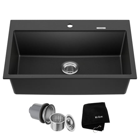 KRAUS Quarza 31” Drop-In / Undermount Single Bowl Granite Kitchen Sink in Black Onyx