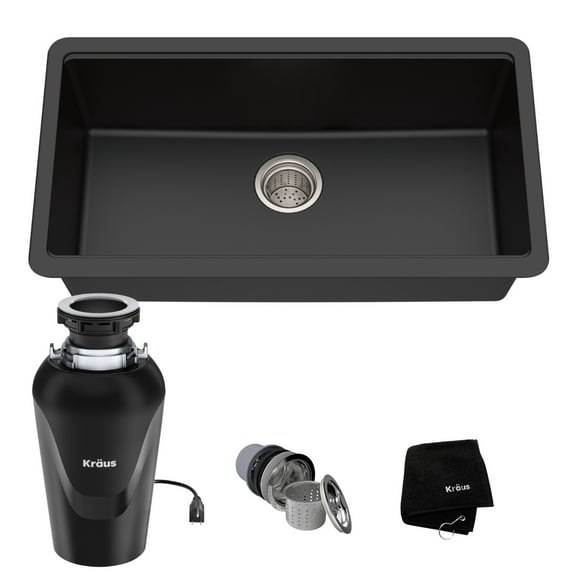 Kraus 31 Inch Undermount Single Bowl Black Onyx Granite Kitchen Sink with Waste Guard Continuous Feed Garbage Disposal