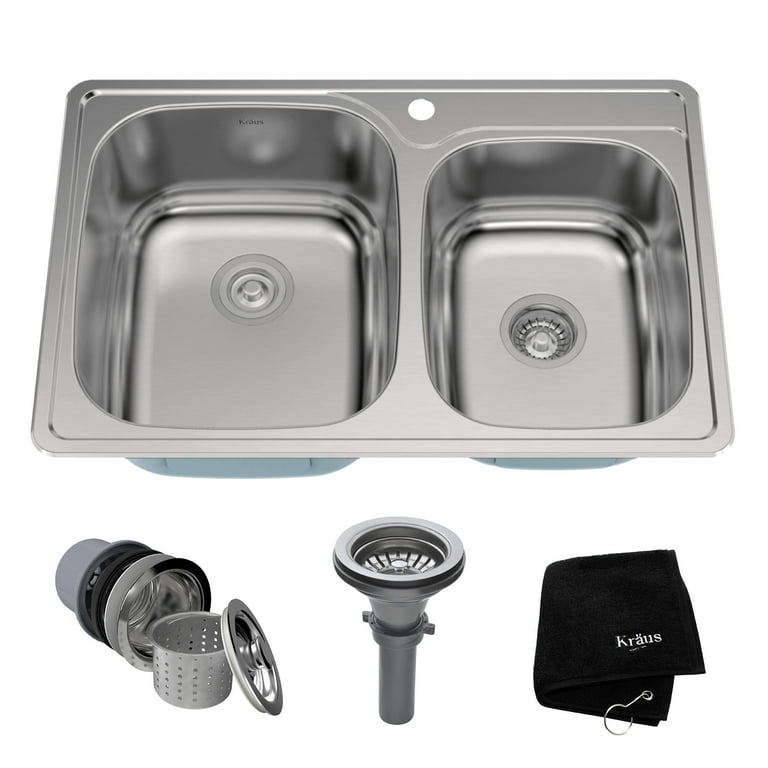 KRAUS 33 Inch Topmount 50/50 Double Bowl 18 Gauge Stainless Steel Kitchen Sink with NoiseDefend Soundproofing KRAUS 33 Inch Topmount 50/50 Double Bowl 18 Gauge Stainless Steel Kitchen Sink with NoiseDefend Soundproofing