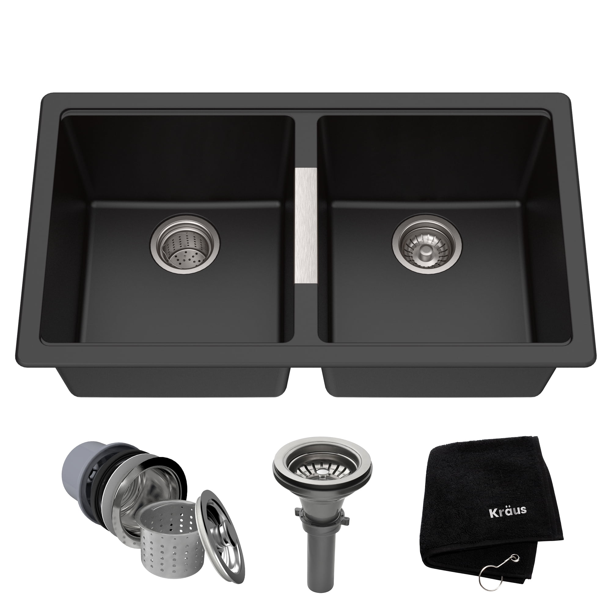 KRAUS 33 inch L Undermount 50/50 Double Bowl Black Onyx Granite Kitchen Sink