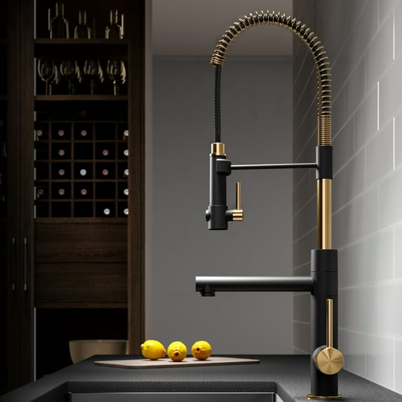 Kraus Artec Pro 2-Function Commercial Style Pre-Rinse Kitchen Faucet with Pull-Down Spring Spout and Pot Filler, Brushed Gold/Matte Black Finish