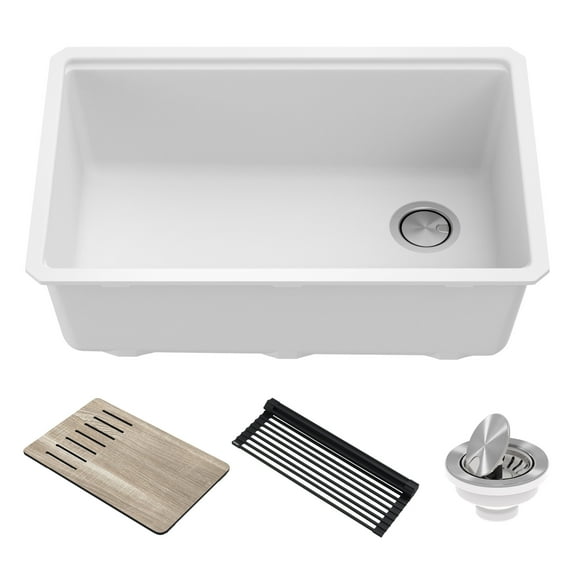 KRAUS Bellucci 30” in. Undermount Workstation Granite Kitchen Sink in White with Accessories