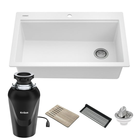 Kraus Bellucci Workstation 33 in. Drop-In Granite Composite Single Bowl Kitchen Sink in White with Accessories with Waste Guard Continuous Feed Garbage Disposal