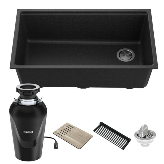 Kraus Bellucci Workstation 33 in. Undermount Granite Composite Single Bowl Kitchen Sink in Metallic Black with Accessories with Waste Guard Continuous Feed Garbage Disposal