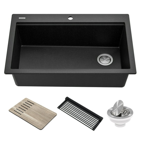 KRAUS Bellucci Workstation 33 in. Drop In Single Bowl Granite Kitchen Sink in Metallic Black with Accessories