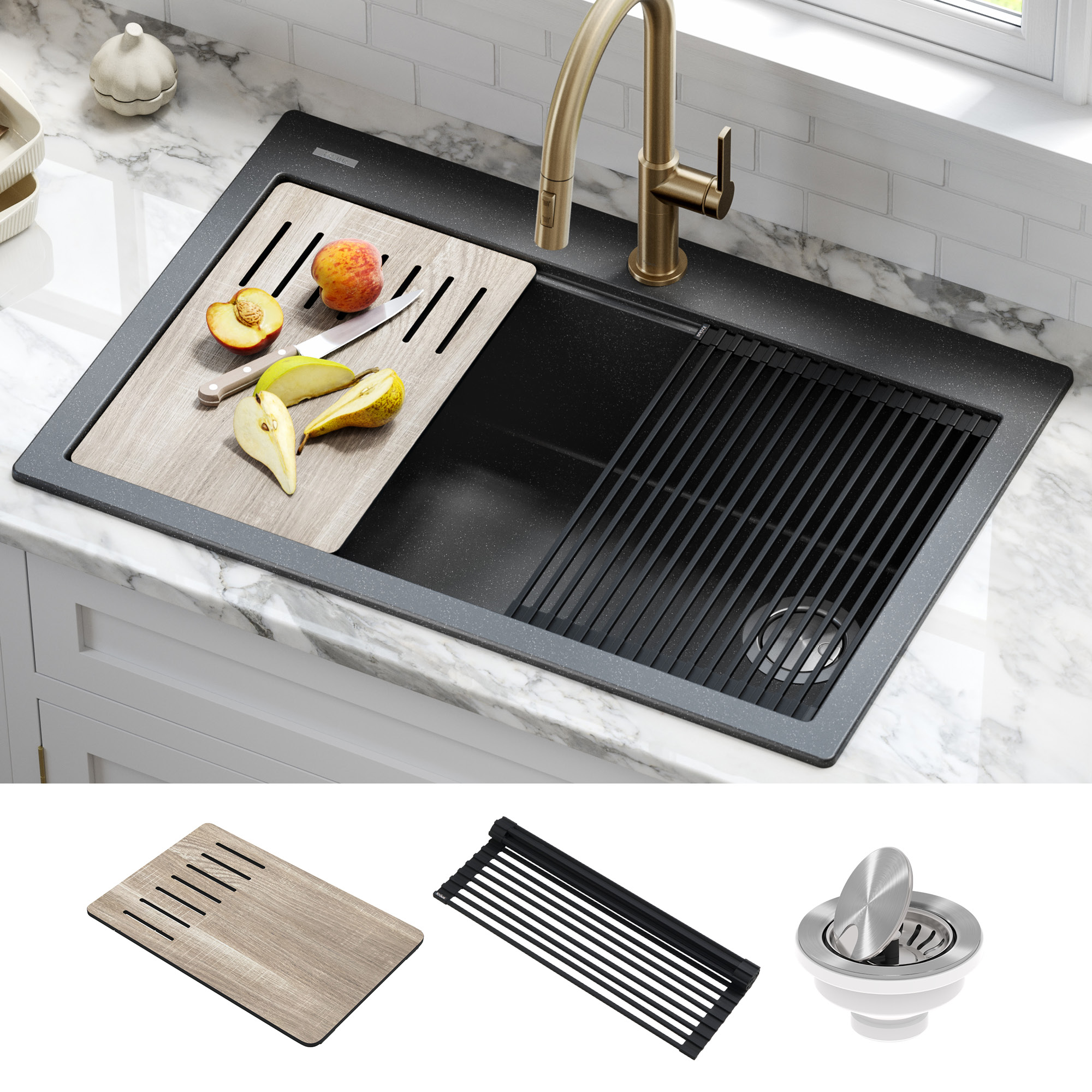 Kraus Bellucci Workstation 33 inch Drop-In Granite Composite Single Bowl Kitchen Sink in Metallic Black with Accessories - image 1 of 14