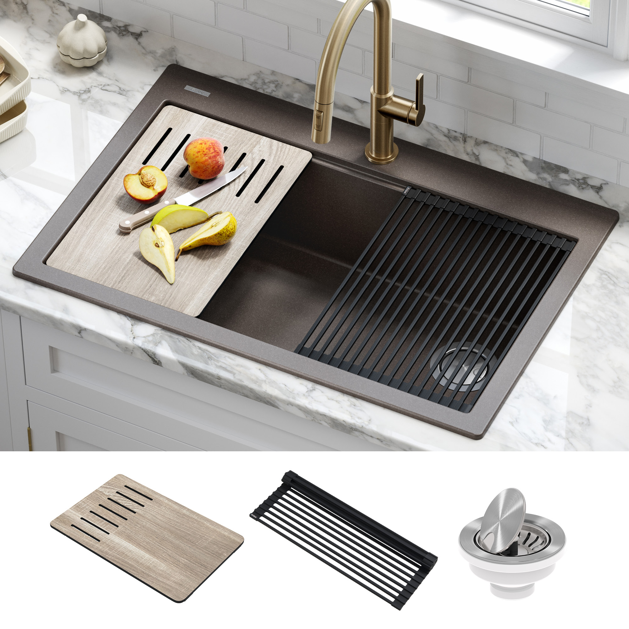 Kraus Bellucci Workstation 33 inch Drop-In Granite Composite Single Bowl Kitchen Sink in Metallic Brown with Accessories - image 1 of 13