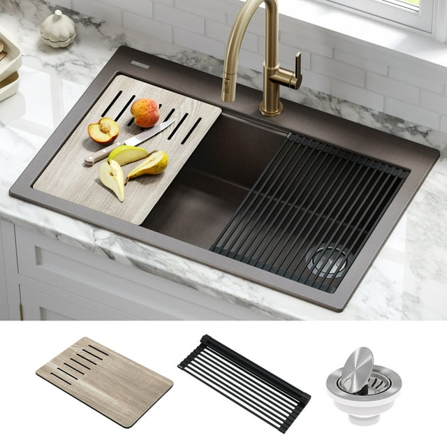 Kraus Bellucci Workstation 33 inch Drop-In Granite Composite Single Bowl Kitchen Sink in Metallic Brown with Accessories